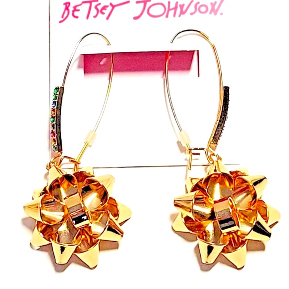 New Betsey Johnson Gold Bow Dangle Earrings - Picture 9 of 13